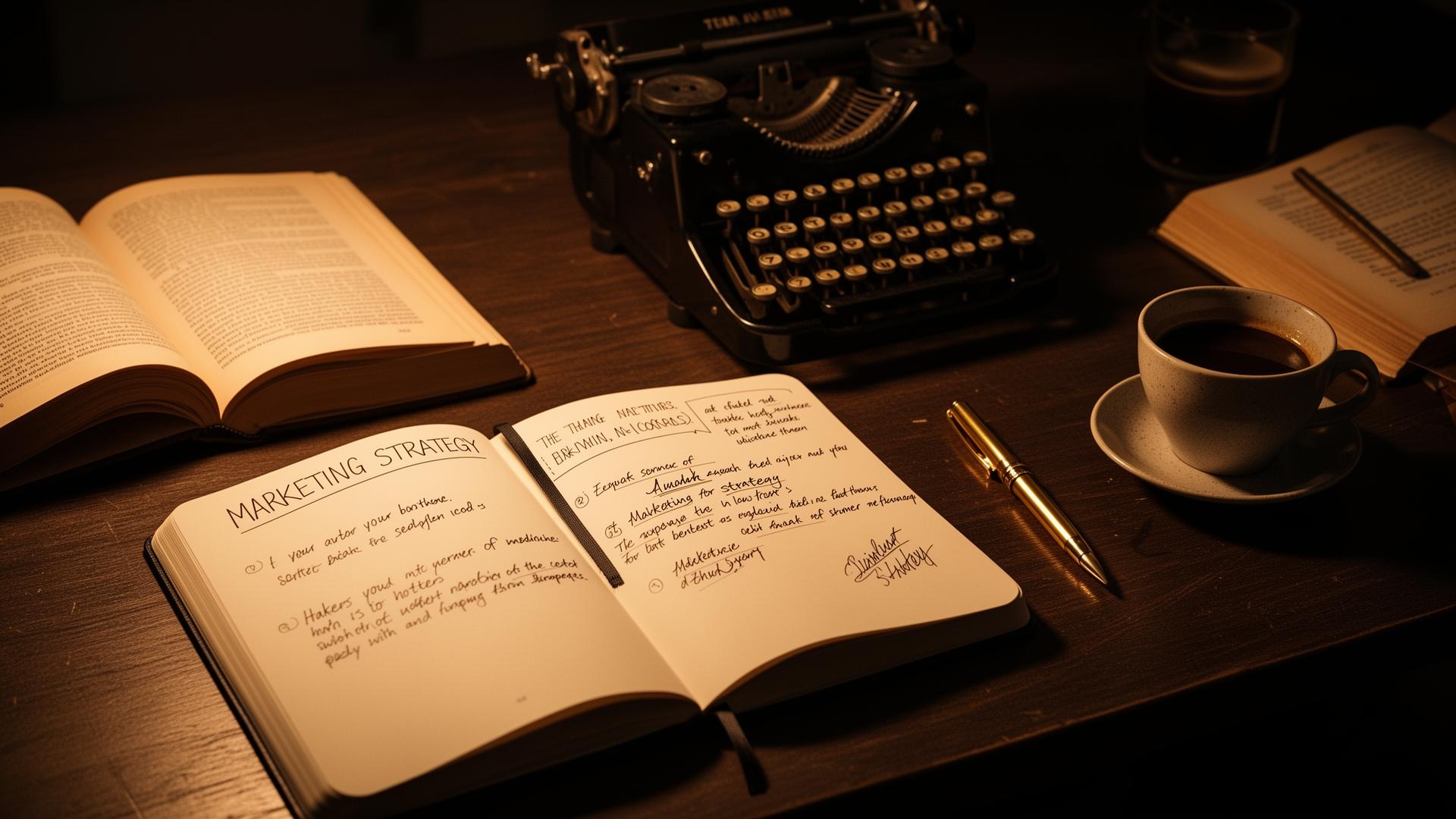 Marketing strategy notebook on a moody desk